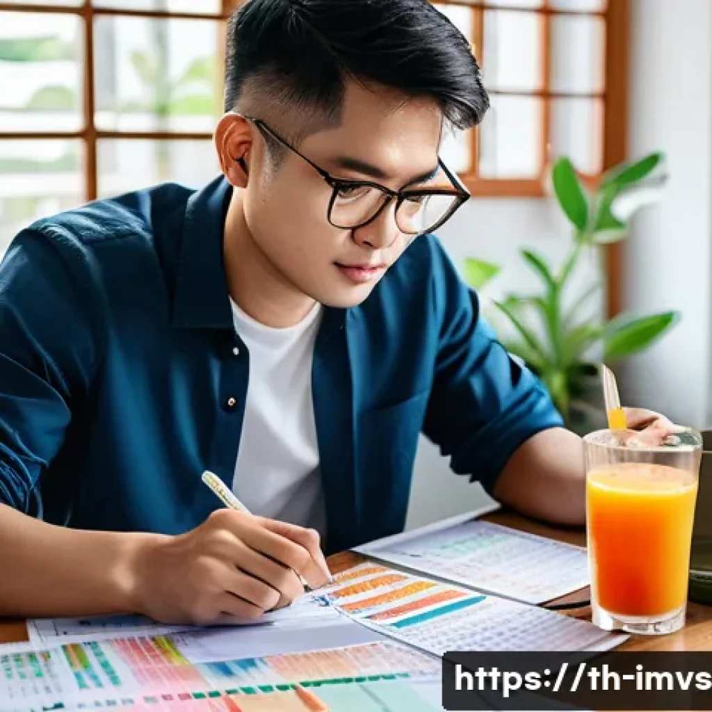 20대를 위한 재무 계획 및 투자 기본기 - A young Thai adult in casual modern attire sitting at a cozy home office desk, thoughtfully budgetin...