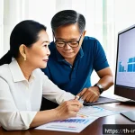 Home 19 50대의 변동성 높은 시장에서의 투자 전략 - A sophisticated middle-aged Thai couple in their 50s sitting at a modern home office desk, reviewing...