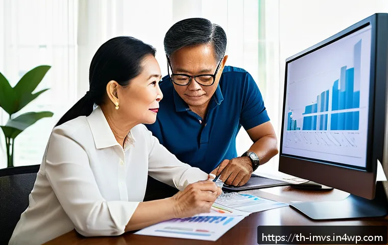 50대의 변동성 높은 시장에서의 투자 전략 - A sophisticated middle-aged Thai couple in their 50s sitting at a modern home office desk, reviewing...