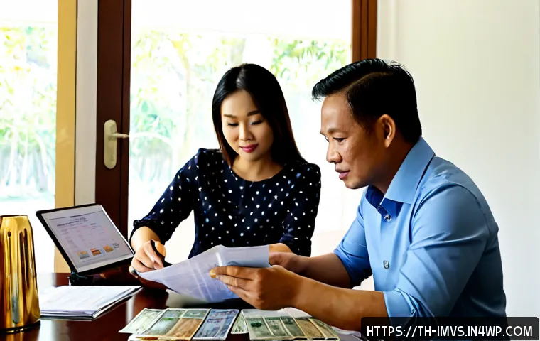 40대의 투자 포트폴리오 다각화 전략 - Photorealistic Thai couple in their 40s calmly reviewing a diversified investment plan at a tidy hom...